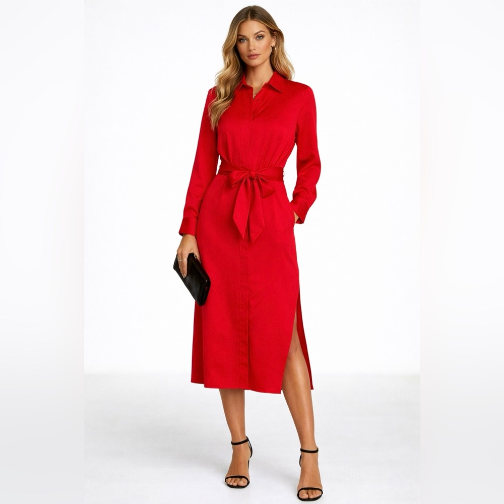Donna Karan Red Long Sleeve Shirt Dress